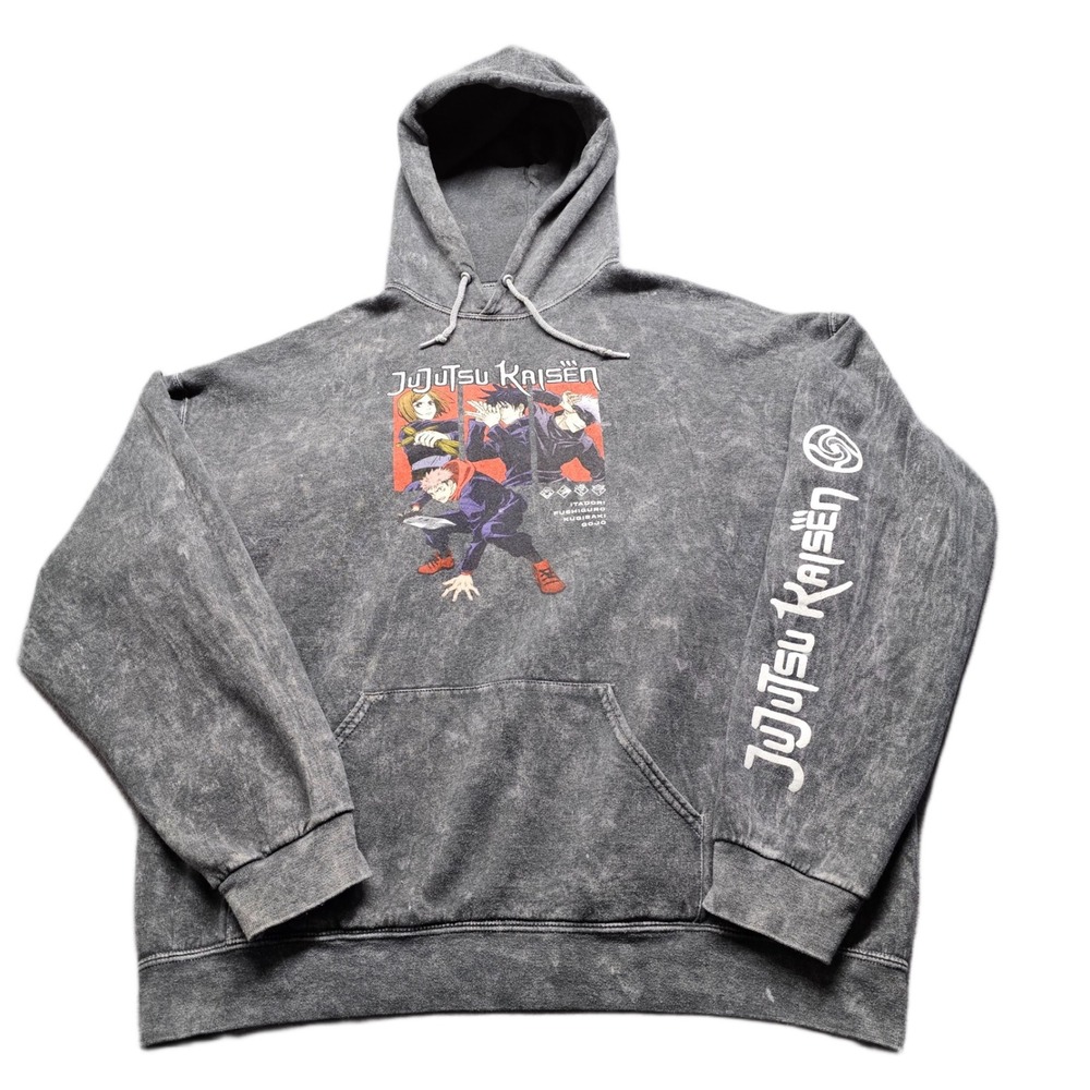 Crunchyroll Jujutsu Kaisen Hoodie Mens XL Gray Itadori Gojo Anime Print Pullover